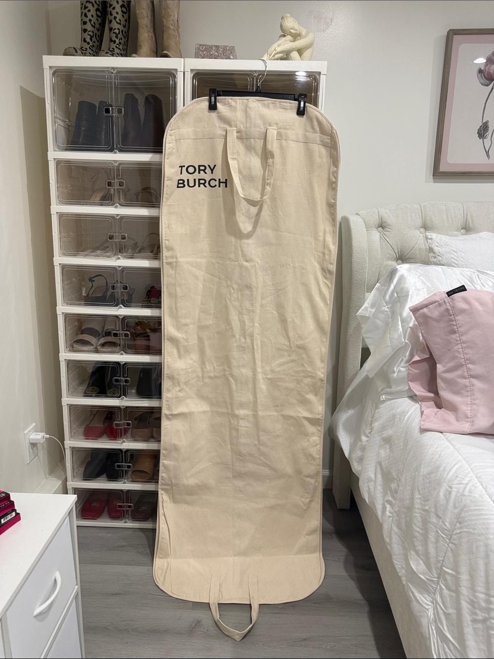 Tory Burch Beige Canvas Garment Bag with Black Logo